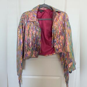 Dolls Kill Prism Made To Dream Rainbow Fringe Sequin Jacket Size XS